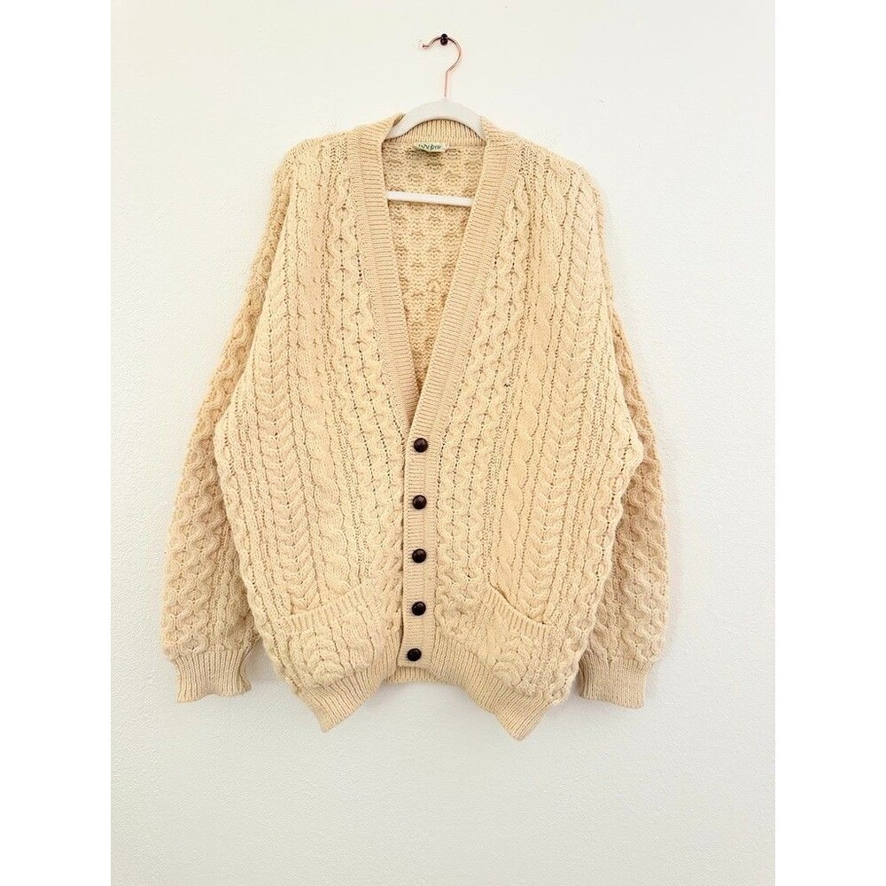 Vintage Cladyknit Irish Wool Cardigan Sweater Cable Knit Fisherman Ireland XXL